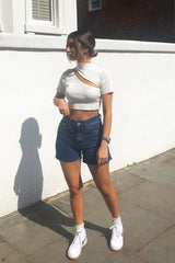 Mid Wash Raw Hem High Waist Denim Shorts - Atlanta-Shorts