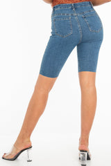 Mid Wash Raw Hem Longline Cycle Denim Shorts - Reanna-Shorts