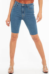 Mid Wash Raw Hem Longline Cycle Denim Shorts - Reanna-Shorts