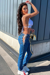 Mid Blue Denim Lace Up Detail Straight Leg Jeans - Eliana