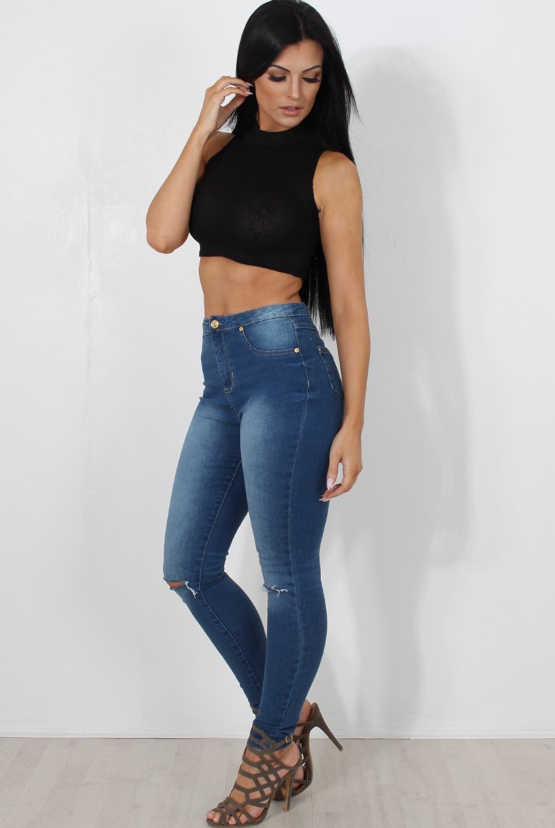 Millie Black Ribbed High Neck Crop Top-Crop Tops