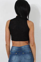 Millie Black Ribbed High Neck Crop Top-Crop Tops