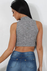 Millie Grey Ribbed High Neck Crop Top-Tops