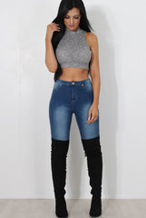 Millie Grey Ribbed High Neck Crop Top-Tops