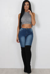Millie Grey Ribbed High Neck Crop Top-Tops
