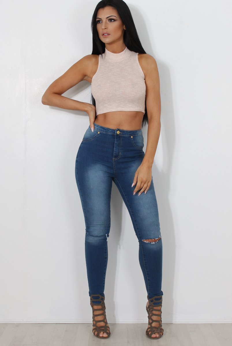 Millie Nude Ribbed High Neck Crop Top-Crop Tops