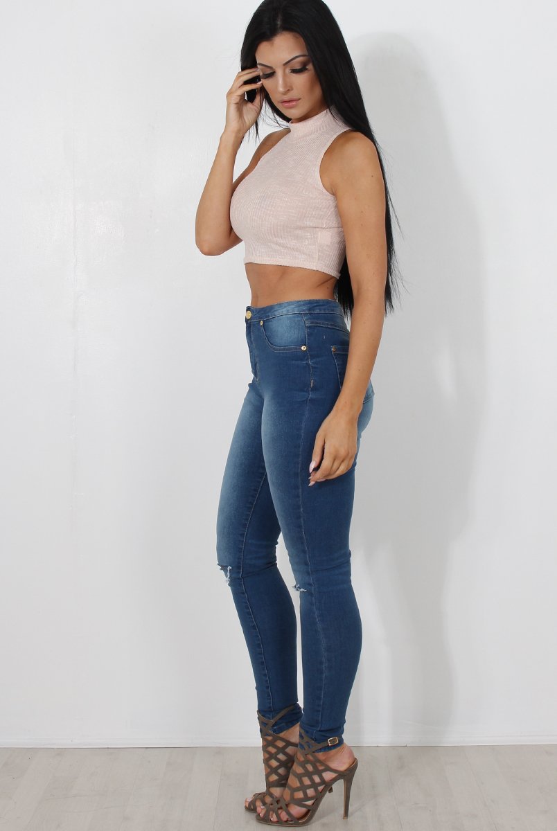 Millie Nude Ribbed High Neck Crop Top-Crop Tops