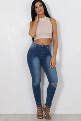 Millie Nude Ribbed High Neck Crop Top-Crop Tops