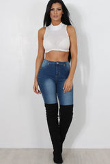 Millie White Ribbed High Neck Crop Top-Tops