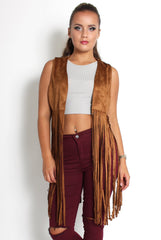 Mimi Camel Suede Tassel Waistcoat-Coats