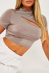 Mink Cut Out Short Sleeve Slinky Crop Top - Harriet-Crop Tops