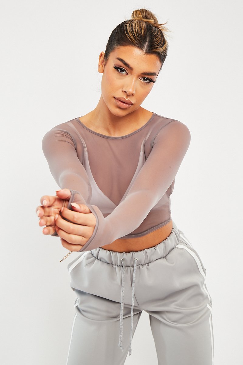 Mink Mesh Long Sleeve Crop Top - Aaima-Tops