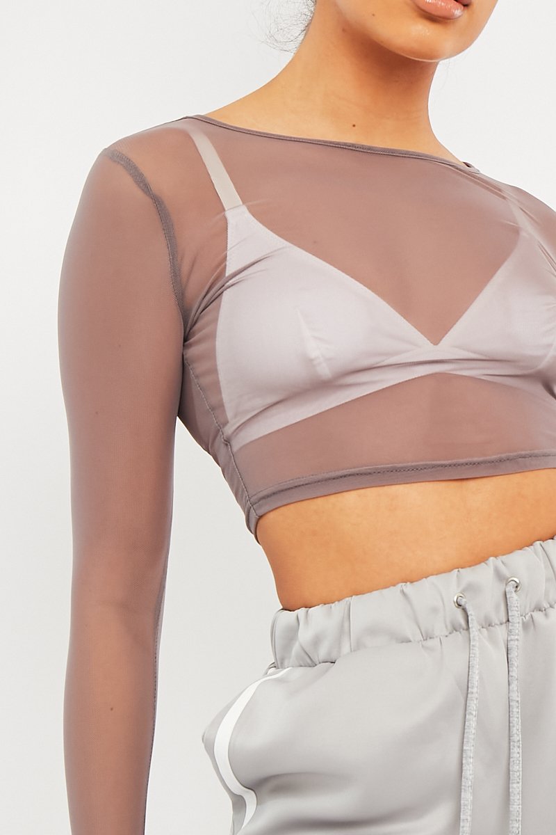Mink Mesh Long Sleeve Crop Top - Aaima-Tops