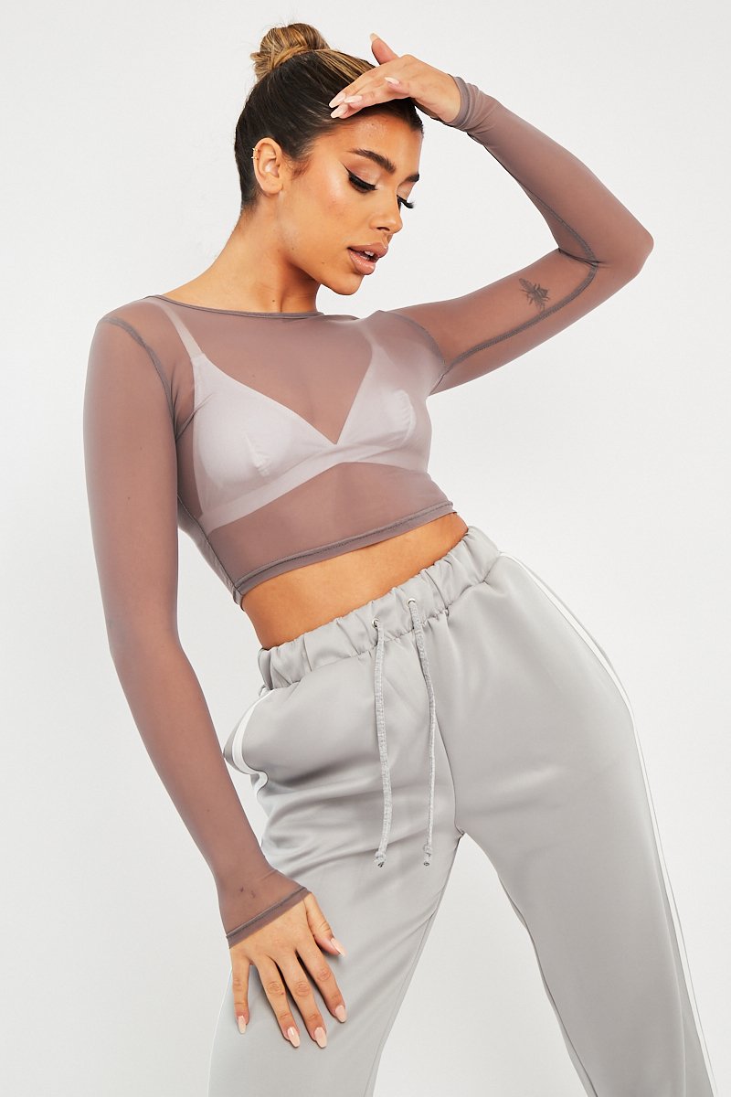 Mink Mesh Long Sleeve Crop Top - Aaima-Tops