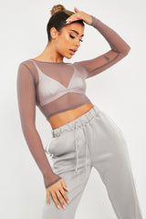 Mink Mesh Long Sleeve Crop Top - Aaima-Tops