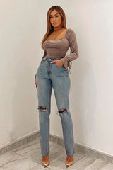 Mink Ruched Panel Tie Wrist Slinky Bodysuit - Elenna-Bodysuits