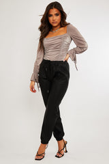 Mink Ruched Panel Tie Wrist Slinky Bodysuit - Elenna-Bodysuits