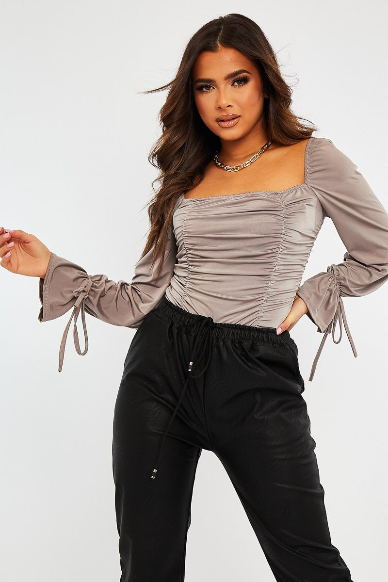 Mink Ruched Panel Tie Wrist Slinky Bodysuit - Elenna-Bodysuits