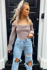 Mink Ruched Panel Tie Wrist Slinky Bodysuit - Elenna-Bodysuits