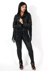 Minnie Black Tassel PU Jacket-Jackets