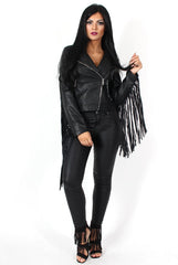Minnie Black Tassel PU Jacket-Jackets