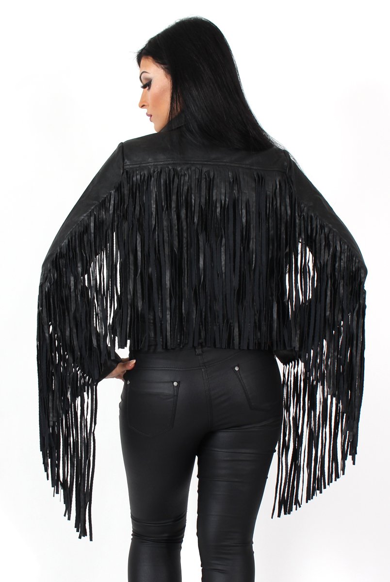 Minnie Black Tassel PU Jacket-Jackets