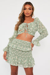 Mint Floral Print Lace Up Crop Top + Shirred Skirt Set - Adelei-Co-ords