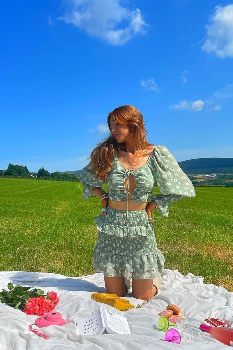 Mint Floral Print Lace Up Crop Top + Shirred Skirt Set - Adelei-Co-ords