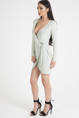 Mint Green Wrap Around Belted Slinky Dress - Cassie-Dresses