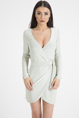 Mint Green Wrap Around Belted Slinky Dress - Cassie-Dresses