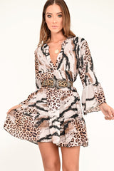 Mixed Animal Print Plunge Flute Sleeve Shift Dress - Olesya-Dresses