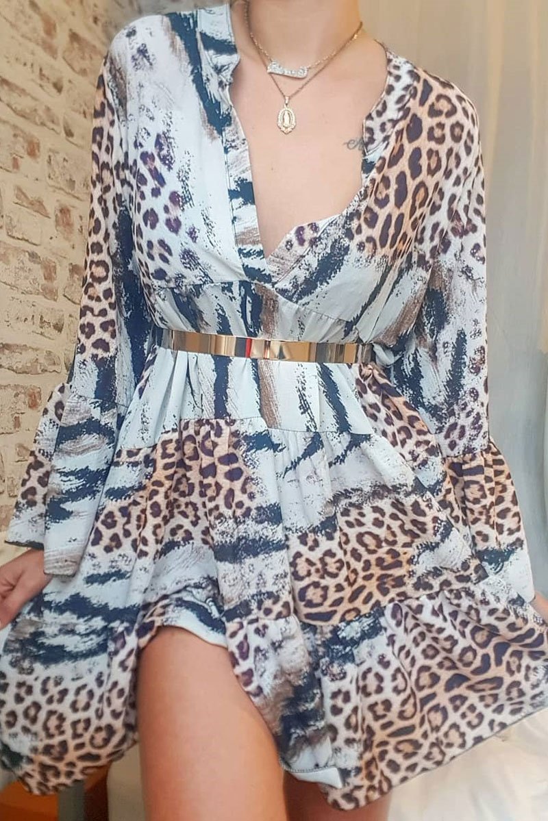 Mixed Animal Print Plunge Flute Sleeve Shift Dress - Olesya-Dresses
