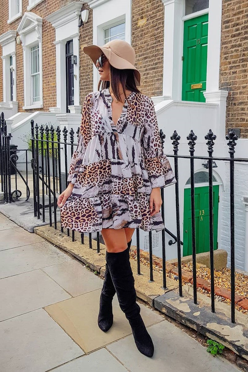 Mixed Animal Print Plunge Flute Sleeve Shift Dress - Olesya-Dresses