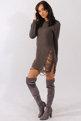 Mocha Distressed Jumper Dress - Kim-Jumper