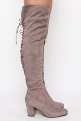 Mocha Faux Suede Back Lace Up Thigh High Boots - Brooklyn-Boots