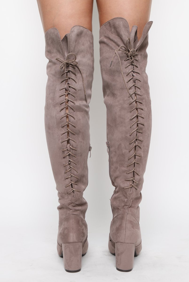 Mocha Faux Suede Back Lace Up Thigh High Boots - Brooklyn-Boots