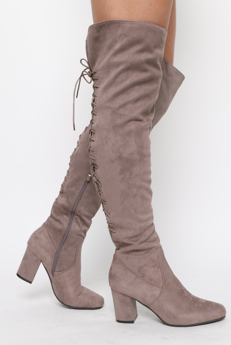 Mocha Faux Suede Back Lace Up Thigh High Boots - Brooklyn-Boots