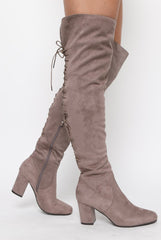 Mocha Faux Suede Back Lace Up Thigh High Boots - Brooklyn-Boots