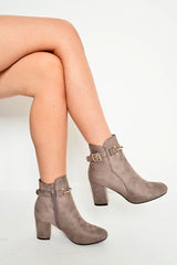 Mocha Faux Suede Gold Buckle Detail Ankle Boots - Jynelle-Boots