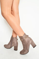 Mocha Faux Suede Gold Buckle Detail Ankle Boots - Jynelle-Boots