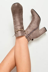 Mocha Faux Suede Gold Buckle Detail Ankle Boots - Jynelle-Boots