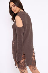 Mocha Knitted Cut Out Front Cold Shoulder Distressed Jumper Dress - Jamie-Dresses