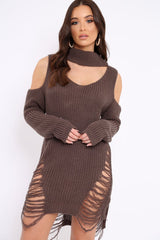 Mocha Knitted Cut Out Front Cold Shoulder Distressed Jumper Dress - Jamie-Dresses