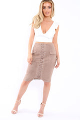 Mocha Lace Up Front Suede Midi Skirt - Cacia-Skirts