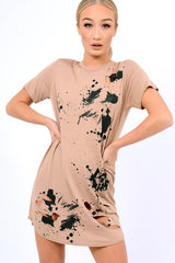 Mocha Laser Cut Tie Dye T Shirt Dress - Imogen-Dresses