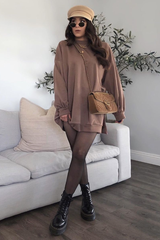 Mocha Oversized Slit Sweatshirt Dress - Kierell