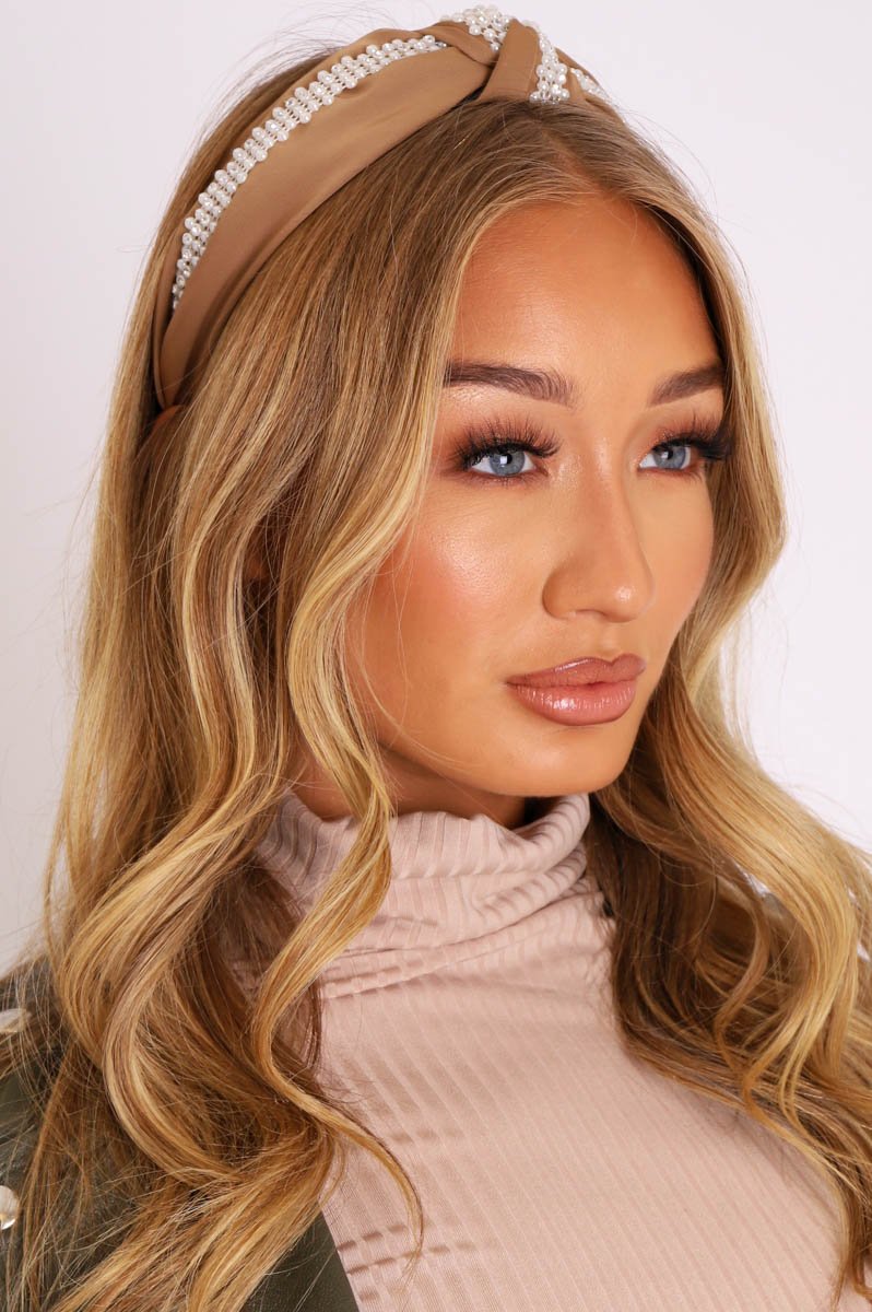 Mocha Pearl Diamante Embellished Knotted Hair Band - Flo-Hair
