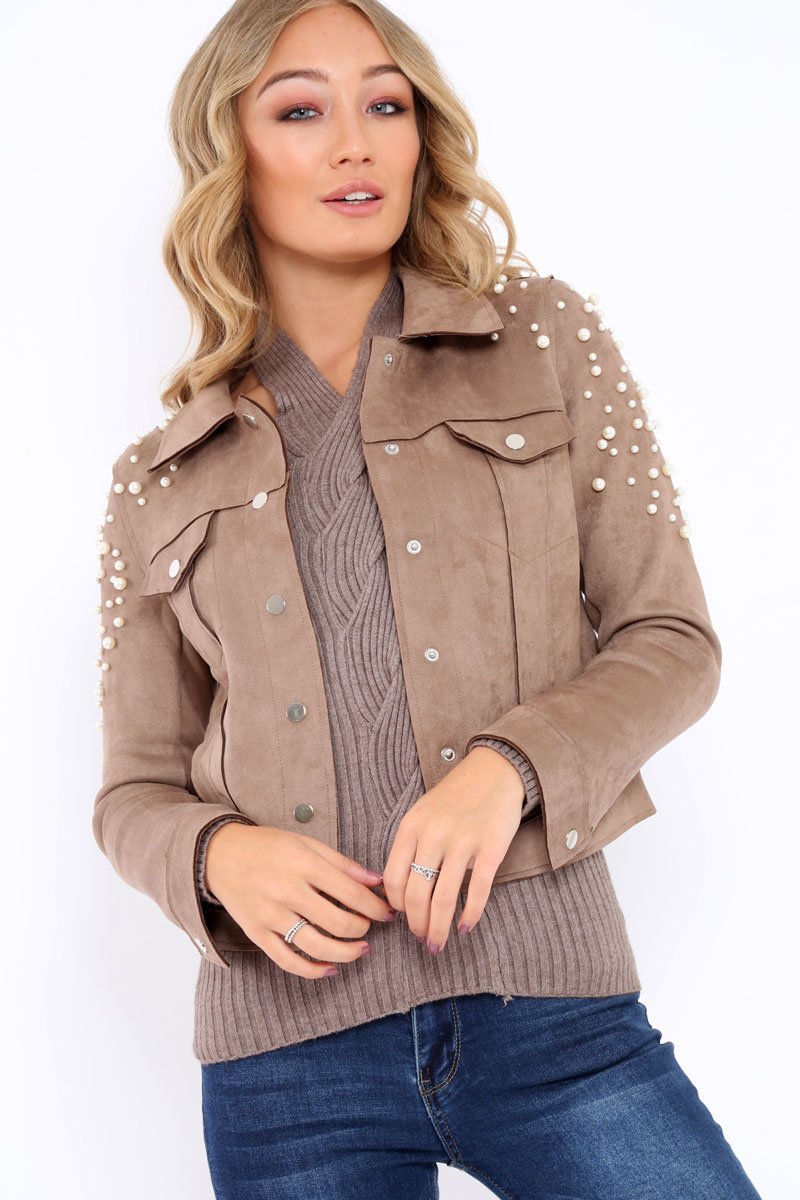 Mocha Pearl Suedette Jacket - Abbey-Jackets