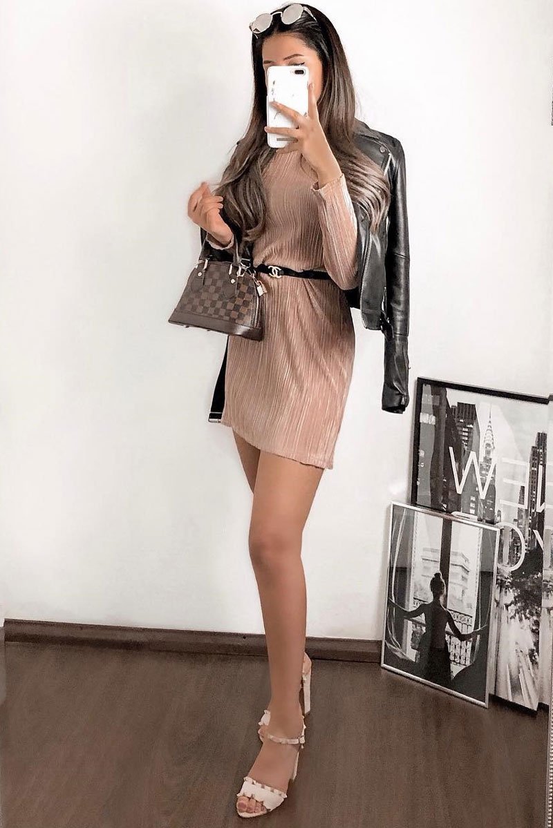 Mocha Plisse High Neck Mini Dress - Marieta-Dresses