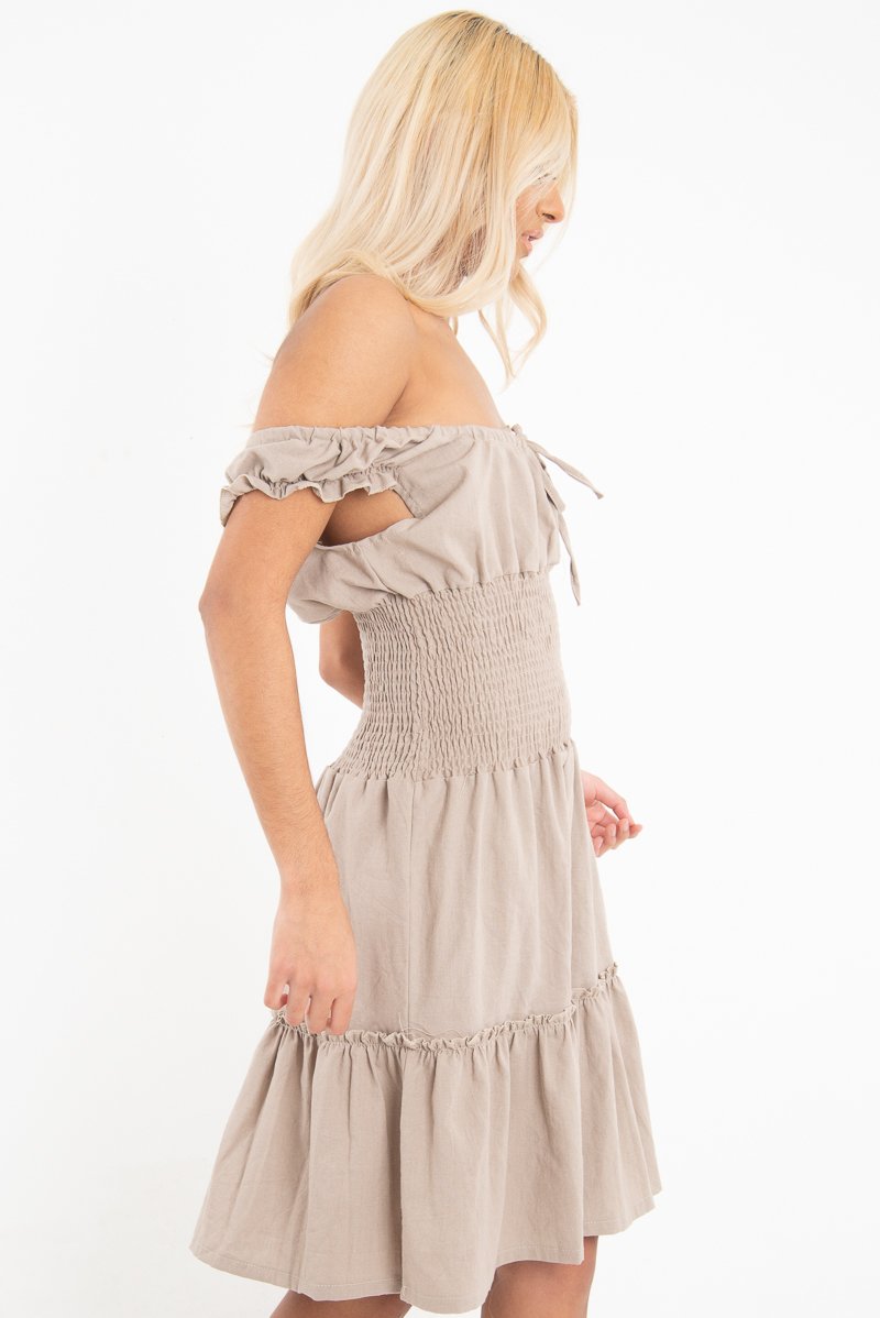 Mocha Ruched Tie Front Skater Dress - Zakara-Dresses